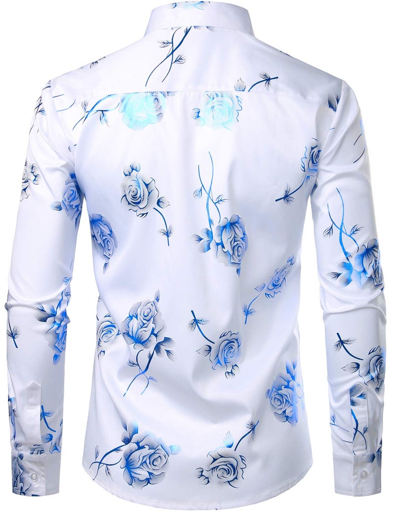 ZEROYAA Mens Hipster 3D Rose Deign Slim Fit Long Sleeve Button Up Dress Shirts ZZCL22 White Royal Blue Medium - Image 2